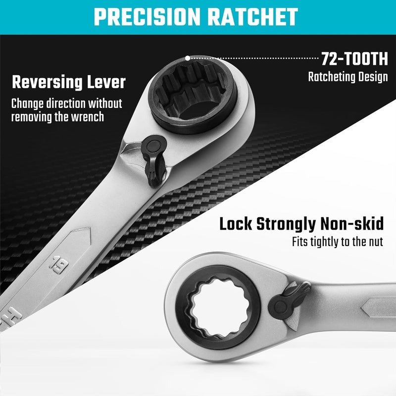 DURATECH 4-in-1 Reversible Ratcheting Box Wrench Set, Double Box End, Metric, 2-Piece, 8, 10, 12, 13 & 14, 15, 17, 19 mm, CR-V Steel, Matte Chrome Plated, with Rolling Pouch - Image 3